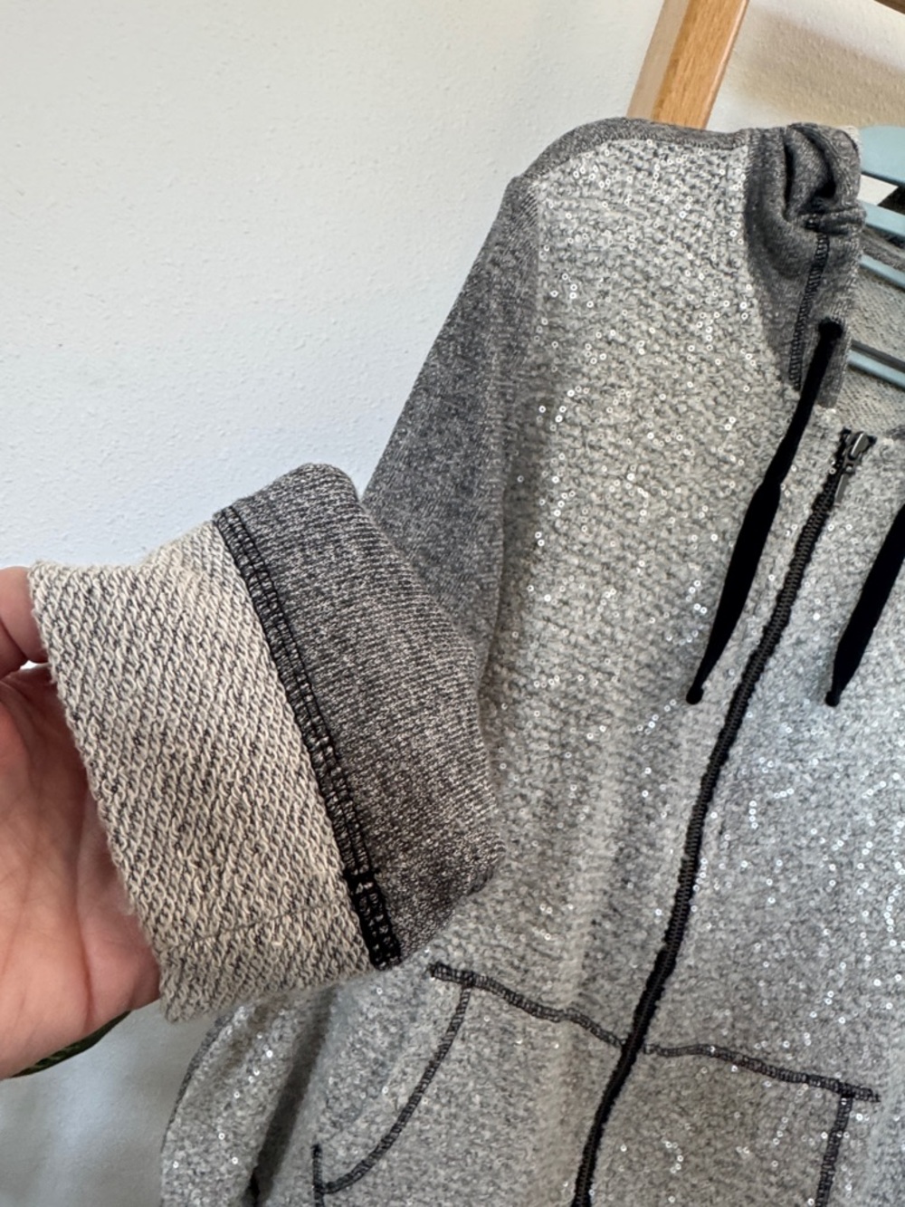 EUC Chicos Zenergy Size 2 Bling Lightweight Cozy Gray Zip-Up Hoodie with Hood - Picture 3 of 10